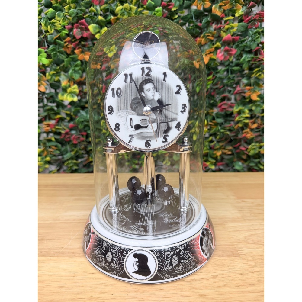 Elvis Presley Anniversary Dome Clock Rotating Pendulum Silver Black Rock n Roll
